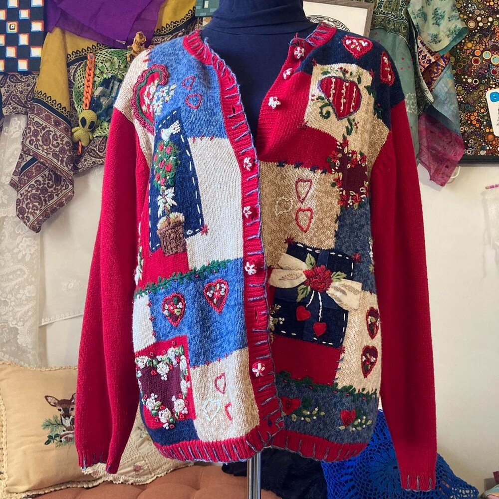 Vintage Y2K Red and blue embroidered cottagecore patchwork knit cardigan floral